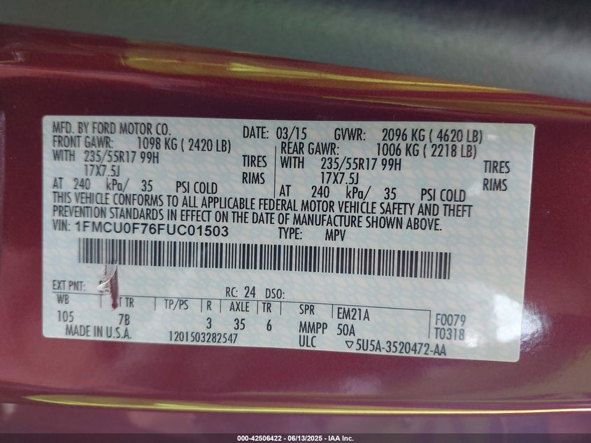 2015 FORD ESCAPE VIN: 1FMCU0F76FUC01503