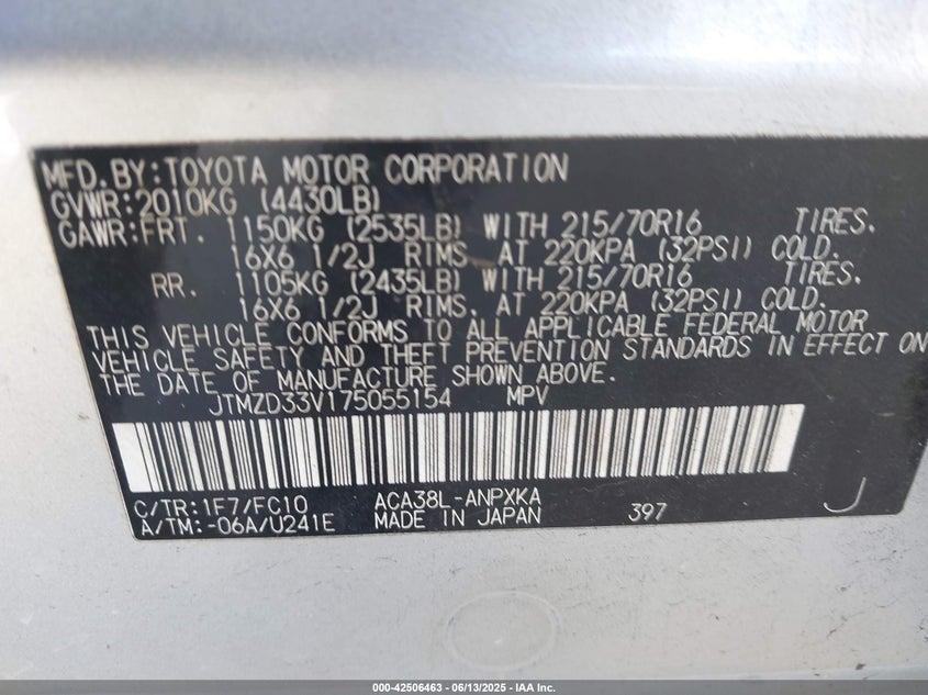 2007 TOYOTA RAV4 VIN: JTMZD33V175055154