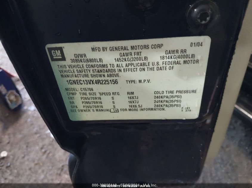 2004 Chevrolet Tahoe Ls VIN: 1GNEC13VX4R225156 Lot: 42506913