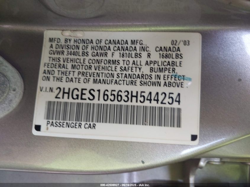 2003 Honda Civic Lx VIN: 2HGES16533H544264 Lot: 42506927