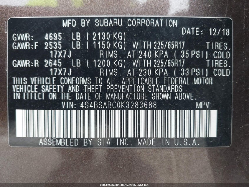VIN 4S4BSABC0K3283688 2019 SUBARU OUTBACK 2.5I