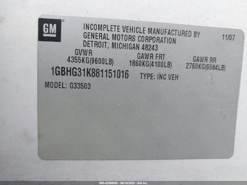 2008 Chevrolet Express Cutaway Work Van VIN: 1GBHG31K881151016 Lot: 42506959