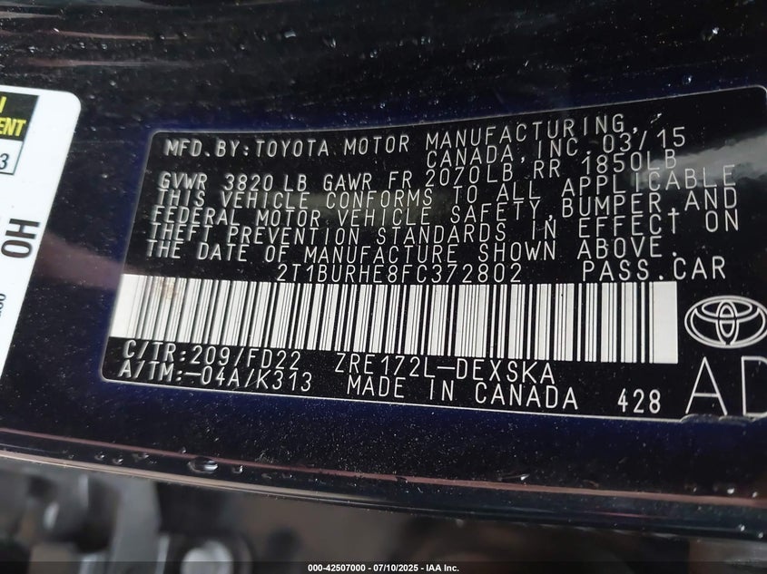 2015 Toyota Corolla S Plus VIN: 2T1BURHE8FC372802 Lot: 42507000