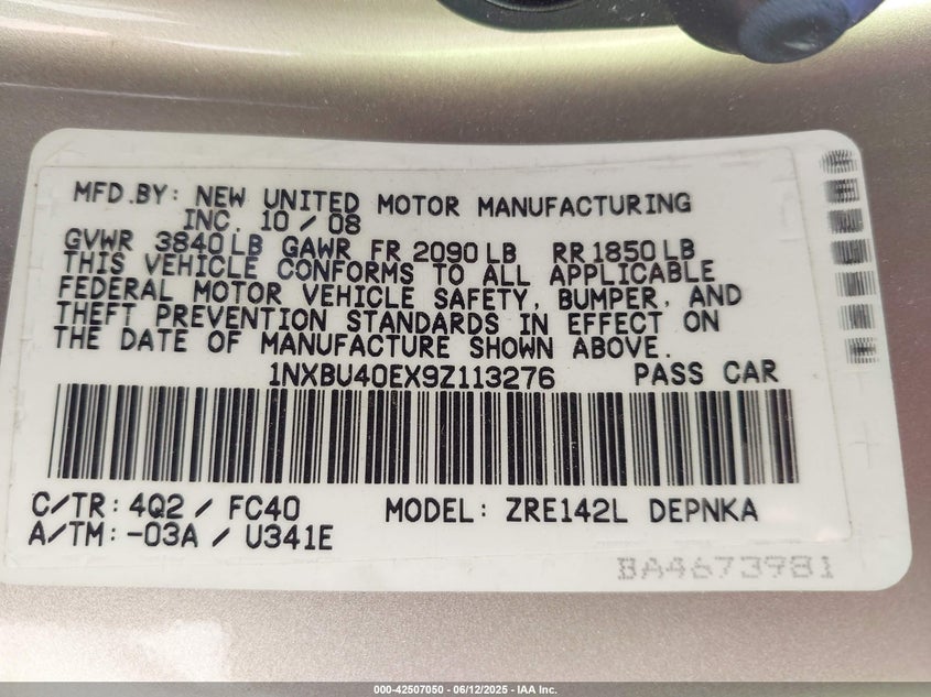 2009 TOYOTA COROLLA VIN: 1NXBU40EX9Z113276