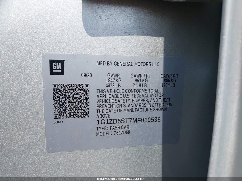 2021 CHEVROLET MALIBU FWD LT - 1G1ZD5ST7MF010536