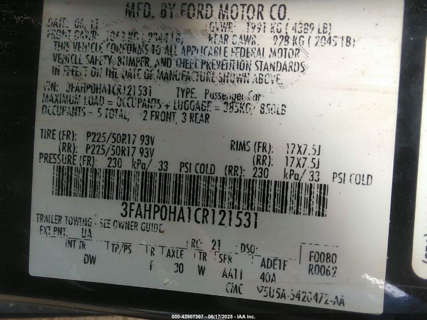 2012 Ford Fusion Se VIN: 3FAHP0HA1CR121531 Lot: 42507307