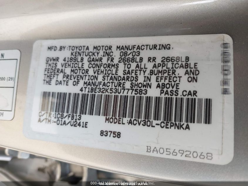 2003 Toyota Camry Le VIN: 4T1BE32K53U777583 Lot: 42507330