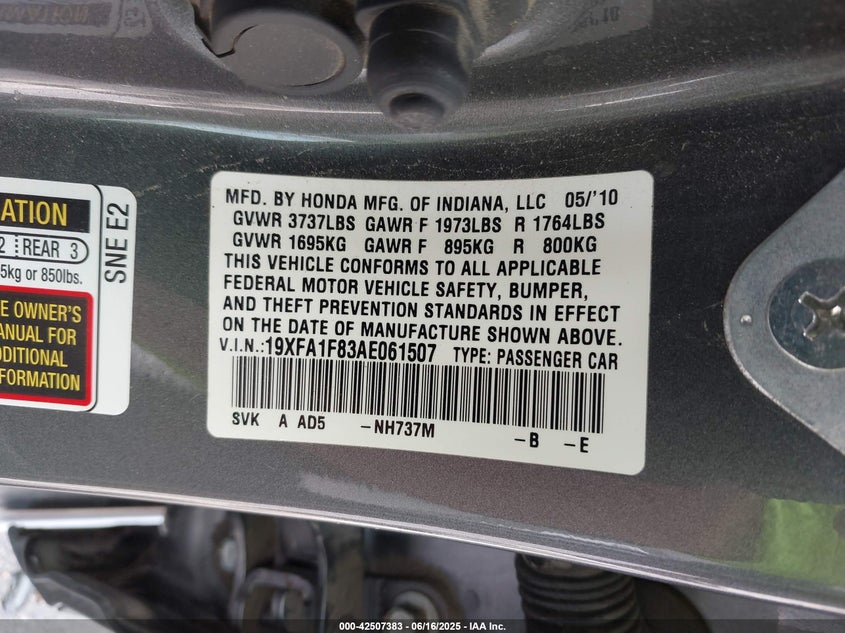 2010 HONDA CIVIC VIN: 19XFA1F83AE061507