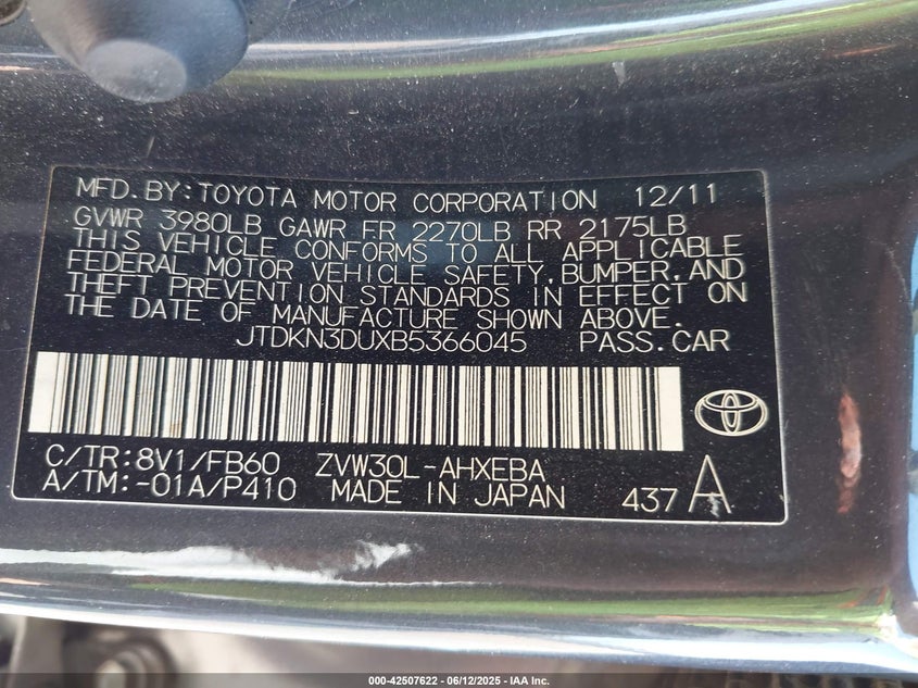 2011 TOYOTA PRIUS VIN: JTDKN3DUXB5366045