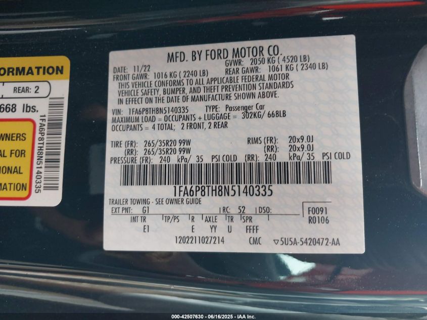 2022 Ford Mustang Ecoboost Premium Fastback VIN: 1FA6P8TH8N5140335 Lot: 42507630