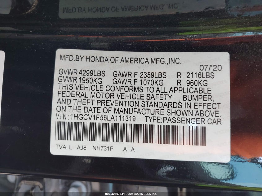 2020 HONDA ACCORD EX-L - 1HGCV1F56LA111319