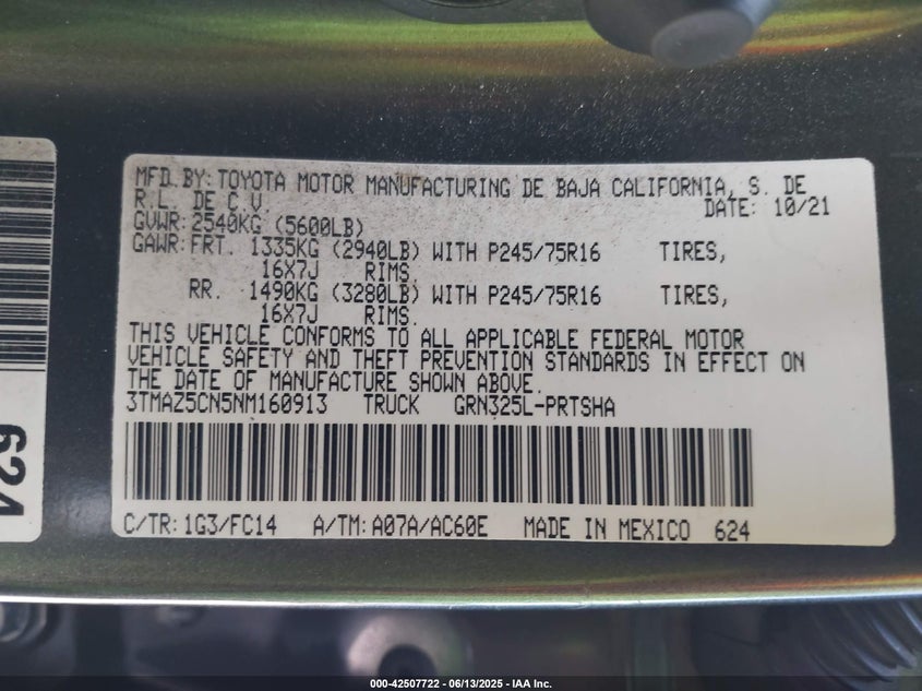 2022 TOYOTA TACOMA VIN: 3TMAZ5CN5NM160913