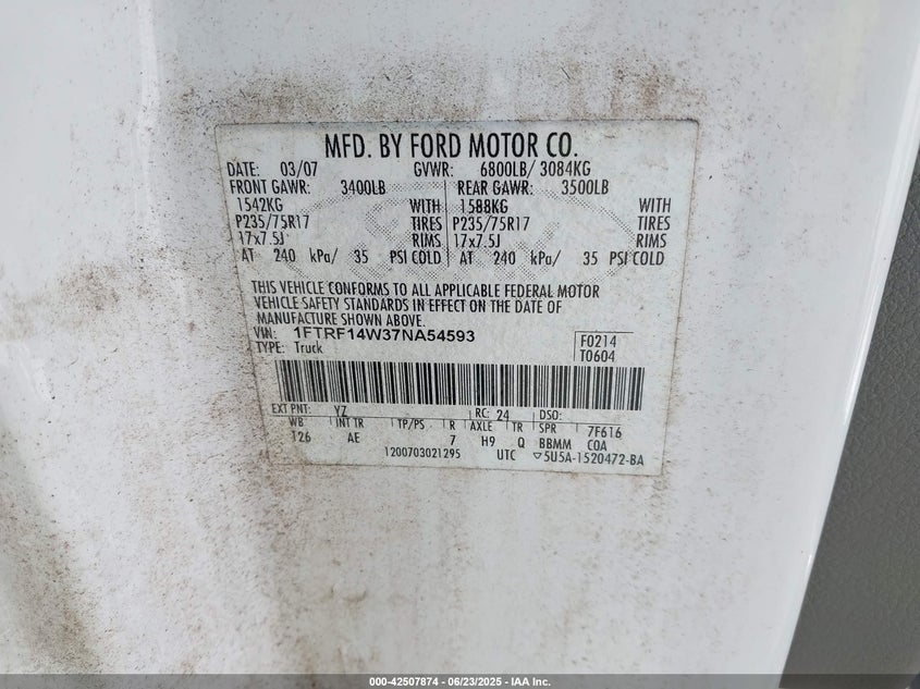 2007 FORD F-150 VIN: 1FTRF14W37NA54593