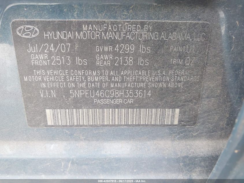 2008 Hyundai Sonata Limited/Se VIN: 5NPEU46C98H353614 Lot: 42507915