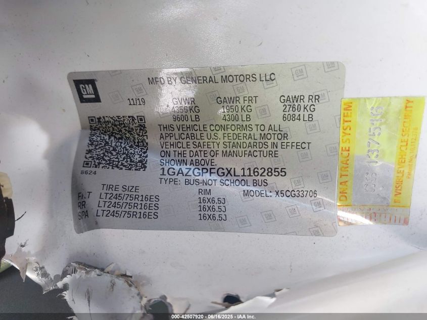 2020 Chevrolet Express Passenger Rwd 3500 Extended Wheelbase Lt VIN: 1GAZGPFGXL1162855 Lot: 42507920