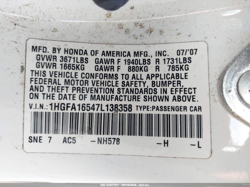 2007 Honda Civic Lx VIN: 1HGFA16547L138358 Lot: 42507921