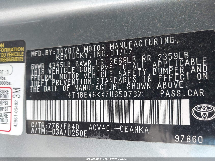 2007 TOYOTA CAMRY VIN: 4T1BE46KX7U650737