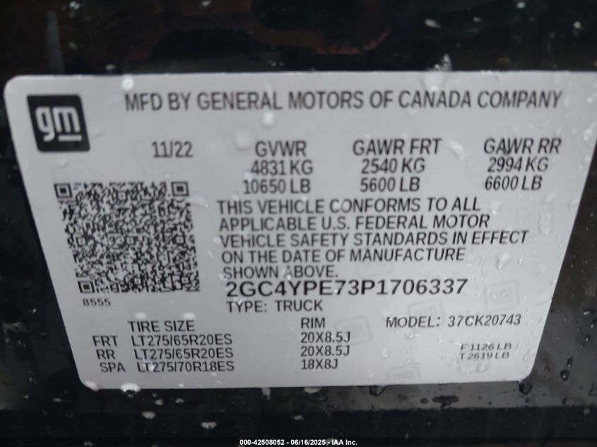 2023 Chevrolet Silverado 2500Hd 4Wd Standard Bed Ltz VIN: 2GC4YPE73P1706337 Lot: 42508052