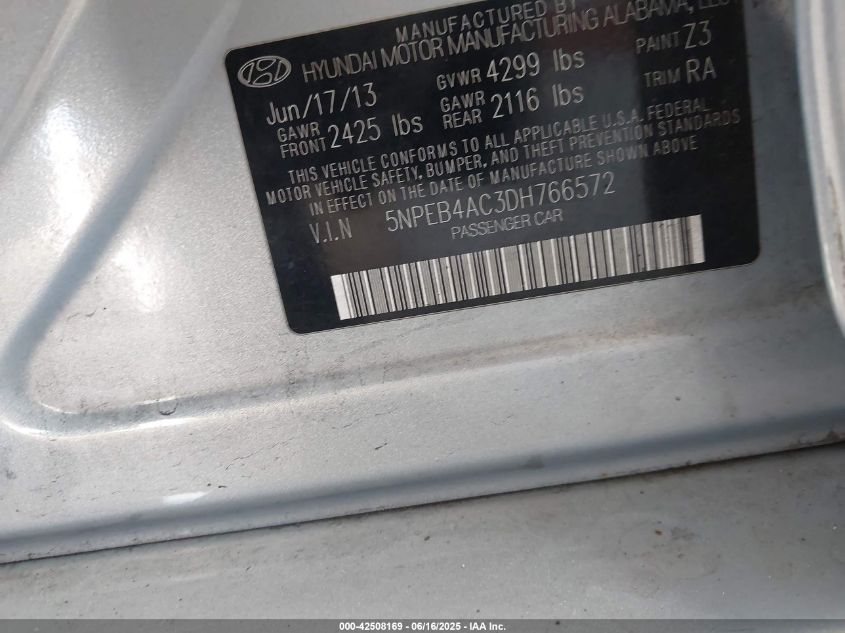2013 Hyundai Sonata VIN: SNPEB4AC3DH766572 Lot: 42508169