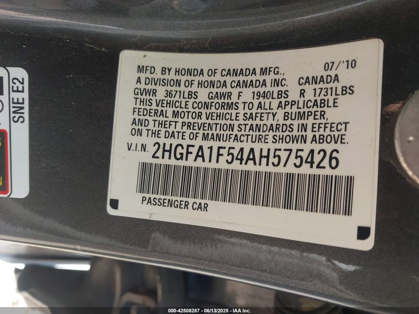 2010 HONDA CIVIC VIN: 2HGFA1F54AH575426