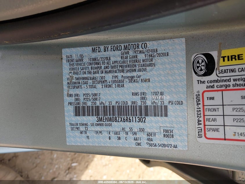2006 MERCURY MILAN VIN: 3MEHM08ZX6R611302