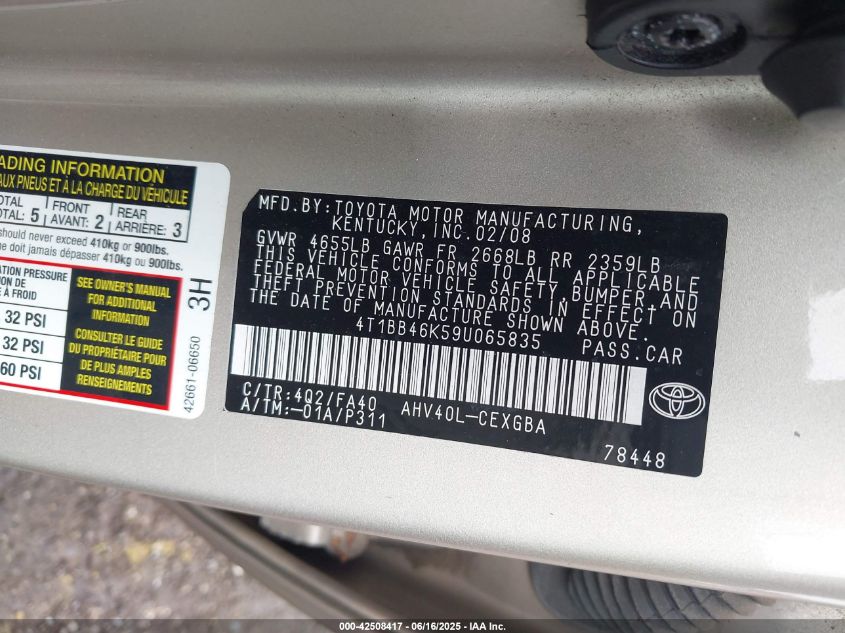 2009 Toyota Camry Hybrid VIN: 4T1BB46K59U065835 Lot: 42508417