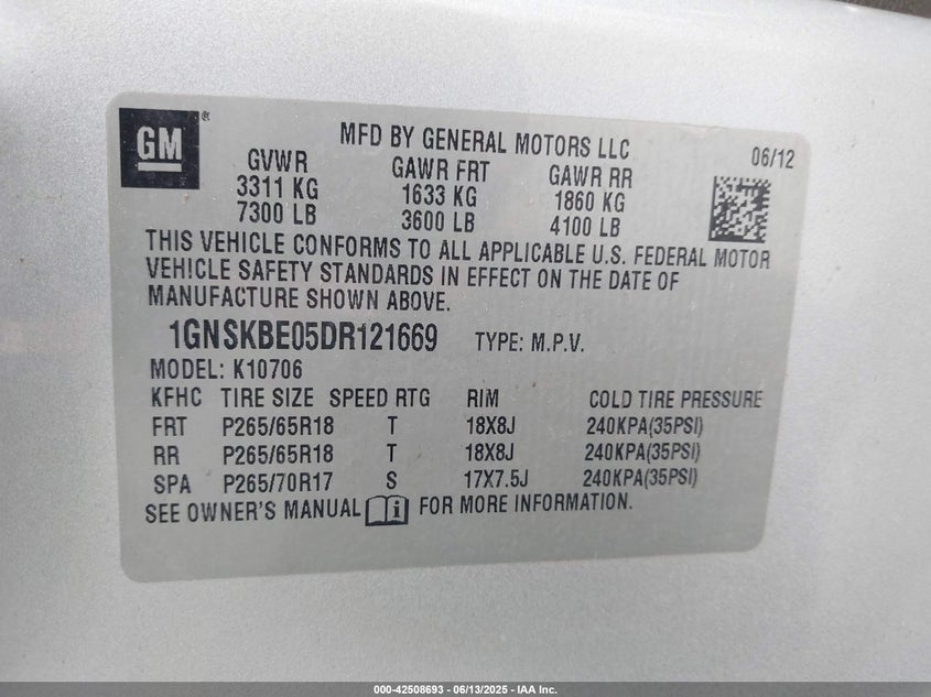 2013 CHEVROLET TAHOE VIN: 1GNSKBE05DR121669