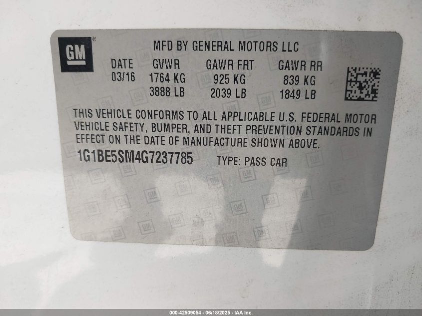 2016 Chevrolet Cruze Lt Auto VIN: 1G1BE5SM4G7237785 Lot: 42509054