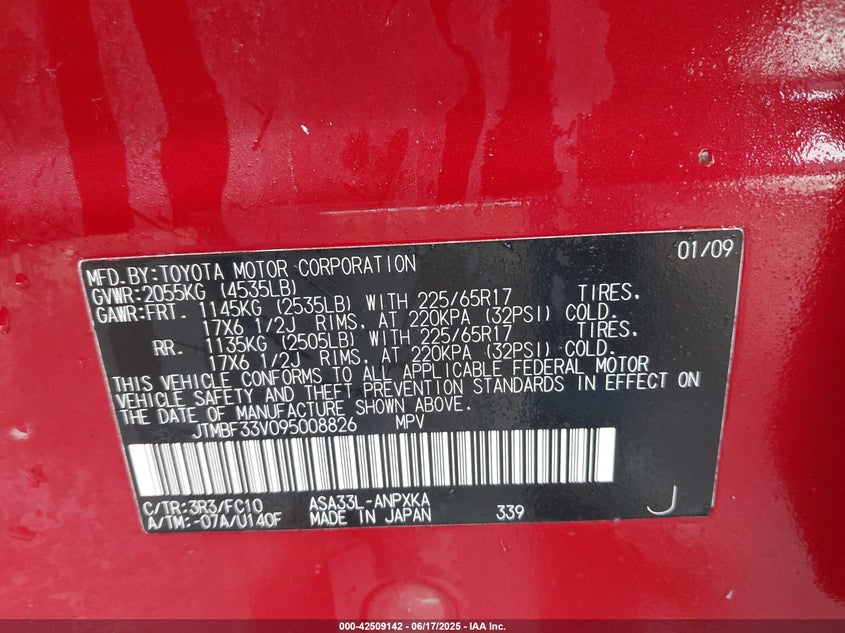 2009 TOYOTA RAV4 VIN: JTMBF33V095008826
