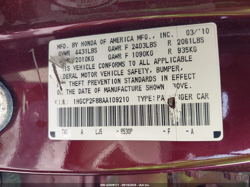 2010 HONDA ACCORD VIN: 1HGCP2F88AA109210