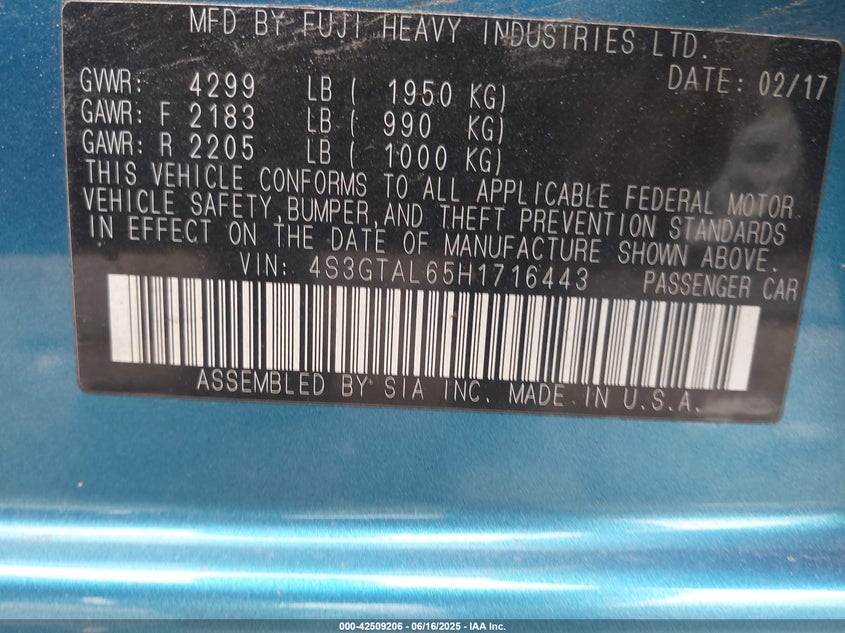 2017 SUBARU IMPREZA VIN: 4S3GTAL65H1716443
