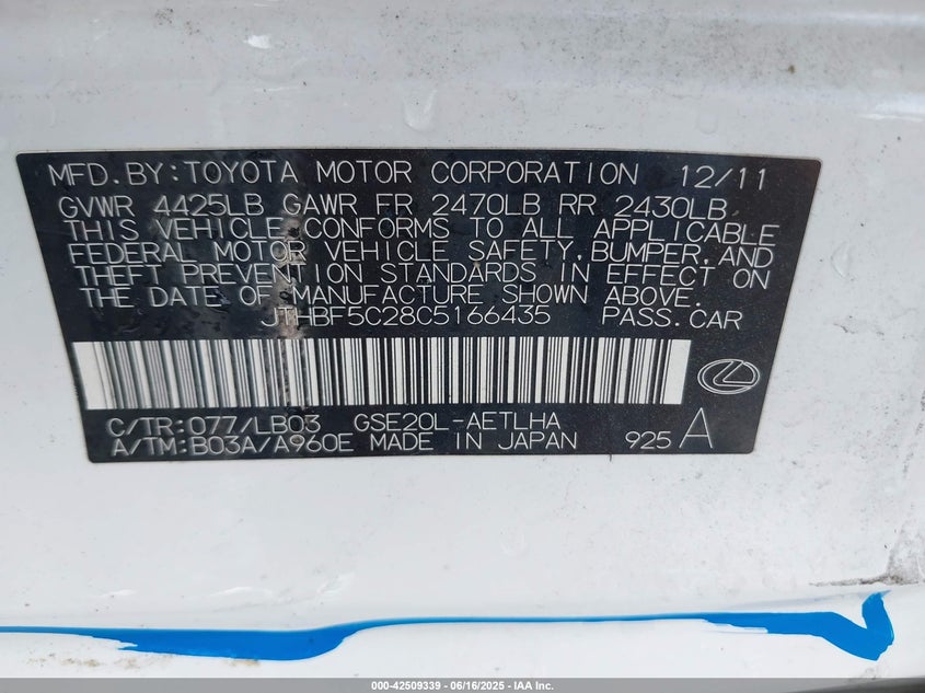 2012 LEXUS IS 250 VIN: JTHBF5C28C5166435