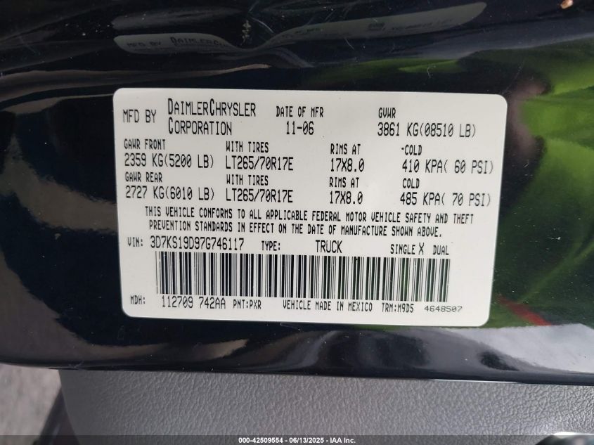 2007 Dodge Ram 1500 Slt VIN: 3D7KS19D97G746117 Lot: 42509554
