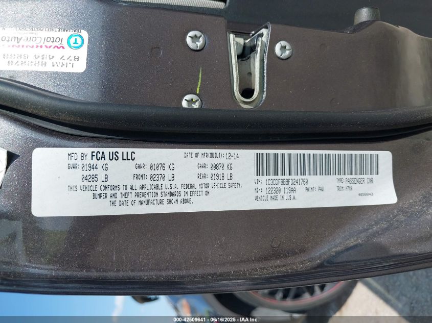 2015 Dodge Dart Sxt VIN: 1C3CDFBB9FD241760 Lot: 42509641