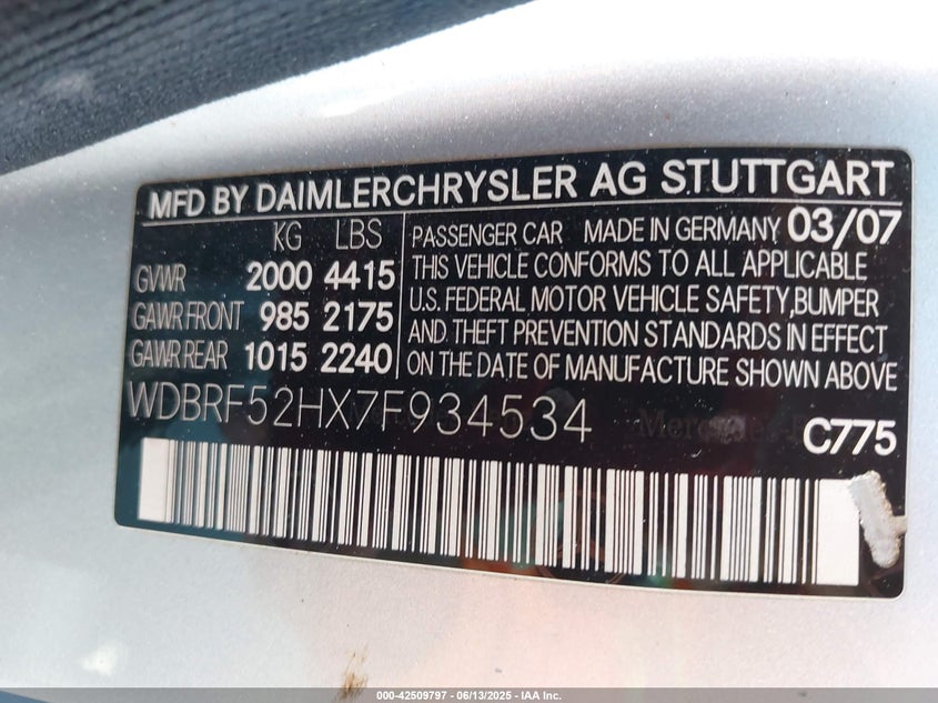 2007 MERCEDES-BENZ C 230 VIN: WDBRF52HX7F934534