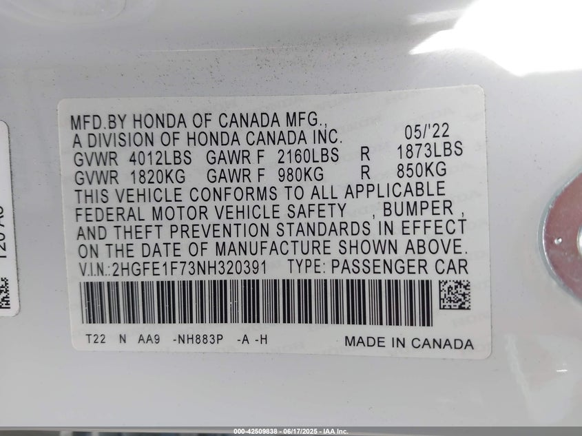 2022 HONDA CIVIC VIN: 2HGFE1F73NH320391