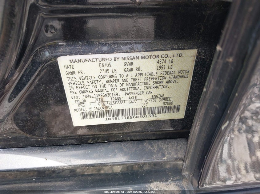 2006 NISSAN ALTIMA VIN: 1N4BL11E96N301691