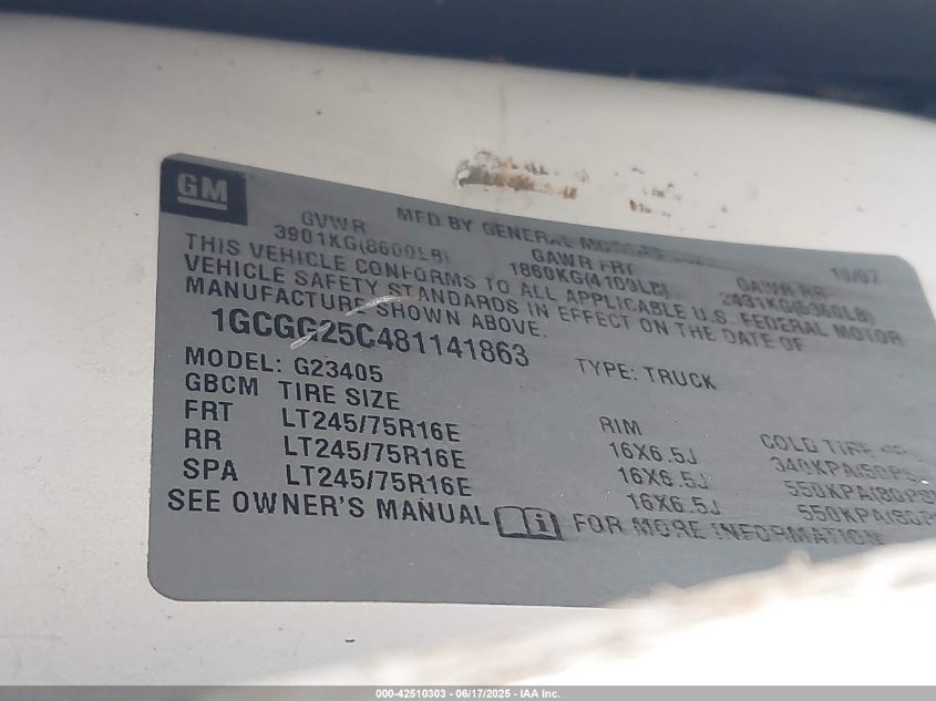 2008 Chevrolet Express Work Van VIN: 1GCGG25C481141863 Lot: 42510303