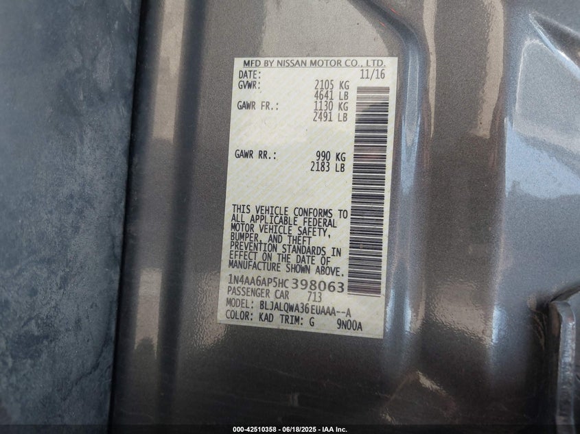 2017 NISSAN MAXIMA 3.5 S - 1N4AA6AP5HC398063