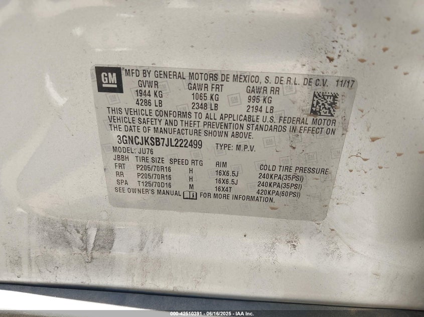 2018 CHEVROLET TRAX VIN: 3GNCJKSB7JL222499