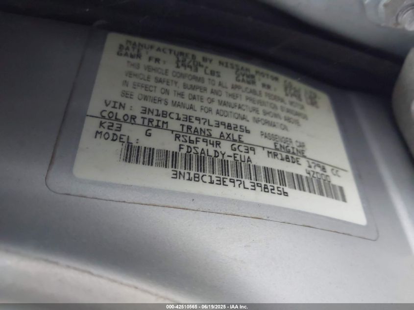 2007 Nissan Versa 1.8S VIN: 3N1BC13E97L398256 Lot: 42510565