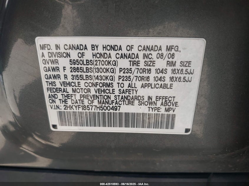 2007 HONDA PILOT VIN: 2HKYF18577H500497