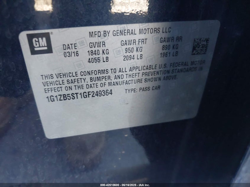 2016 CHEVROLET MALIBU VIN: 1G1ZB5ST1GF249364