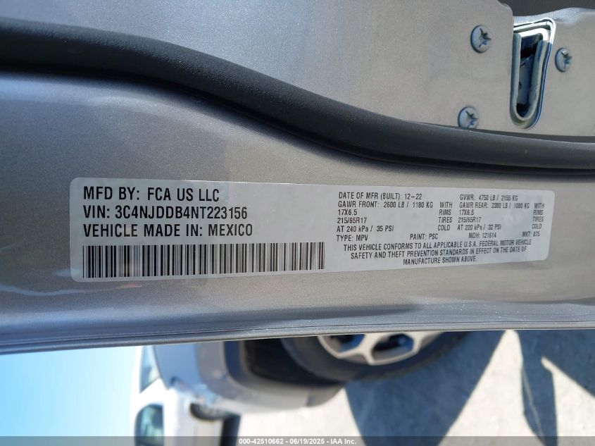 2022 Jeep Compass Trailhawk 4X4 VIN: 3C4NJDDB4NT223156 Lot: 42510662