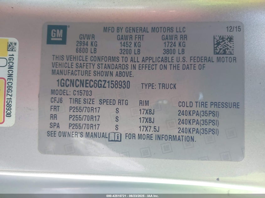 2016 CHEV SILVERADO 1500 LS RE VIN: 1GCNCNEC6GZ158930