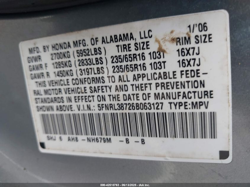 2006 Honda Odyssey Ex-L VIN: 5FNRL38726B063127 Lot: 43427787