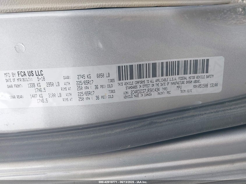 VIN 2C4RDGCG7JR301434 2018 DODGE GRAND CARAVAN SXT