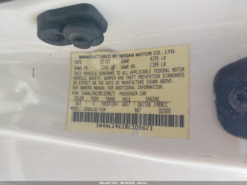 2008 NISSAN ALTIMA VIN: 1N4AL24E28C109623