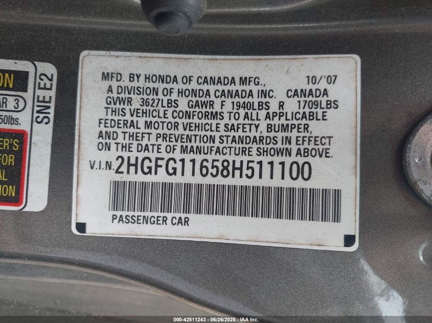 2008 Honda Civic Lx VIN: 2HGFG11658H511100 Lot: 42511243