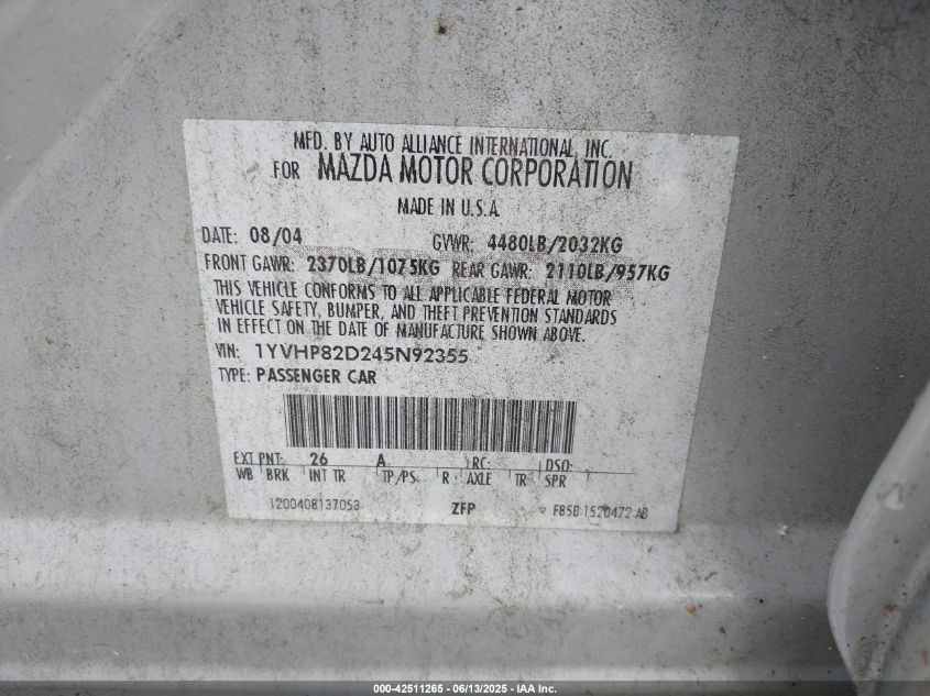 2004 Mazda Mazda6 S VIN: 1YVHP82D245N92355 Lot: 42511265